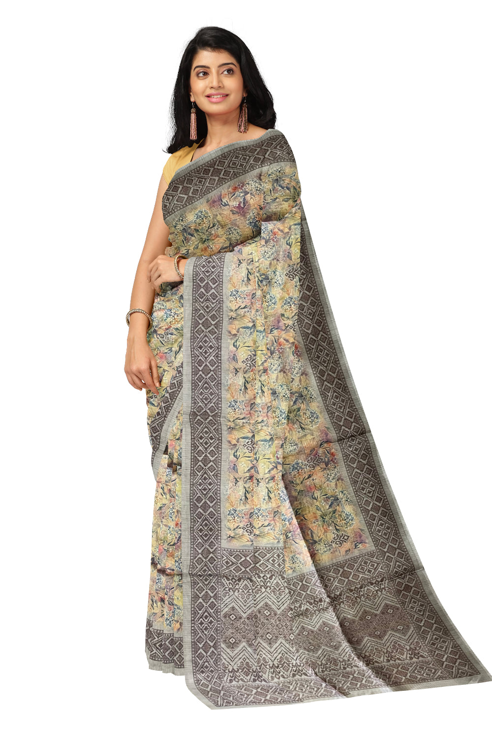 Southloom Semi Tussar Yellow Floral Designer Saree with Brown Woven Border