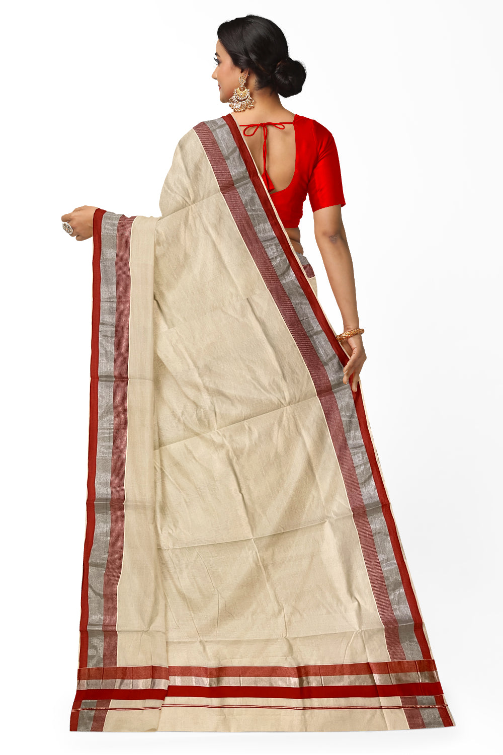 Kerala Pure Cotton Plain Saree with Silver Kasavu and Orange Border