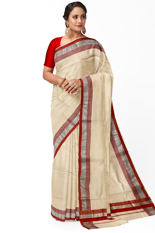 Kerala Pure Cotton Plain Saree with Silver Kasavu and Orange Border