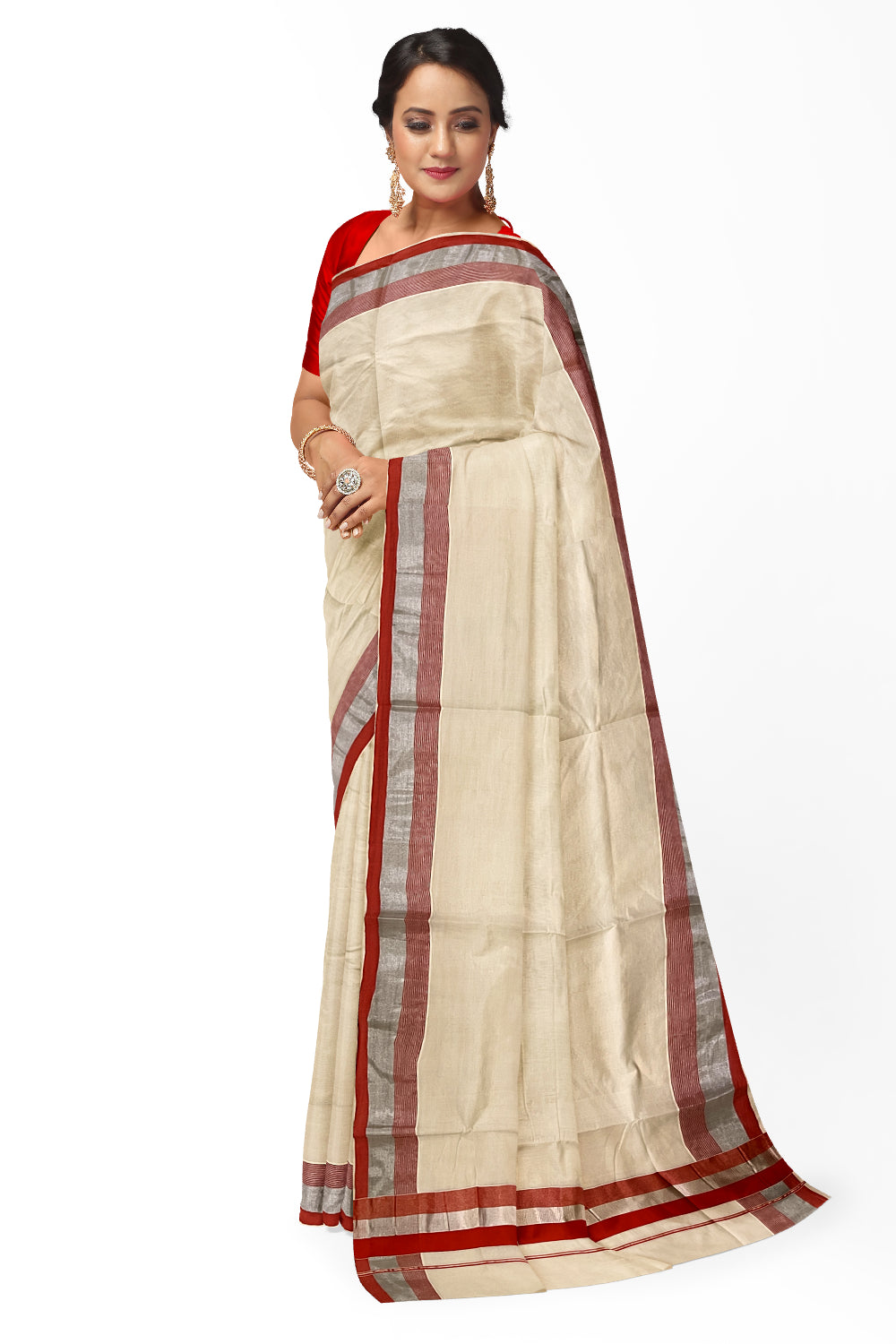 Kerala Pure Cotton Plain Saree with Silver Kasavu and Orange Border