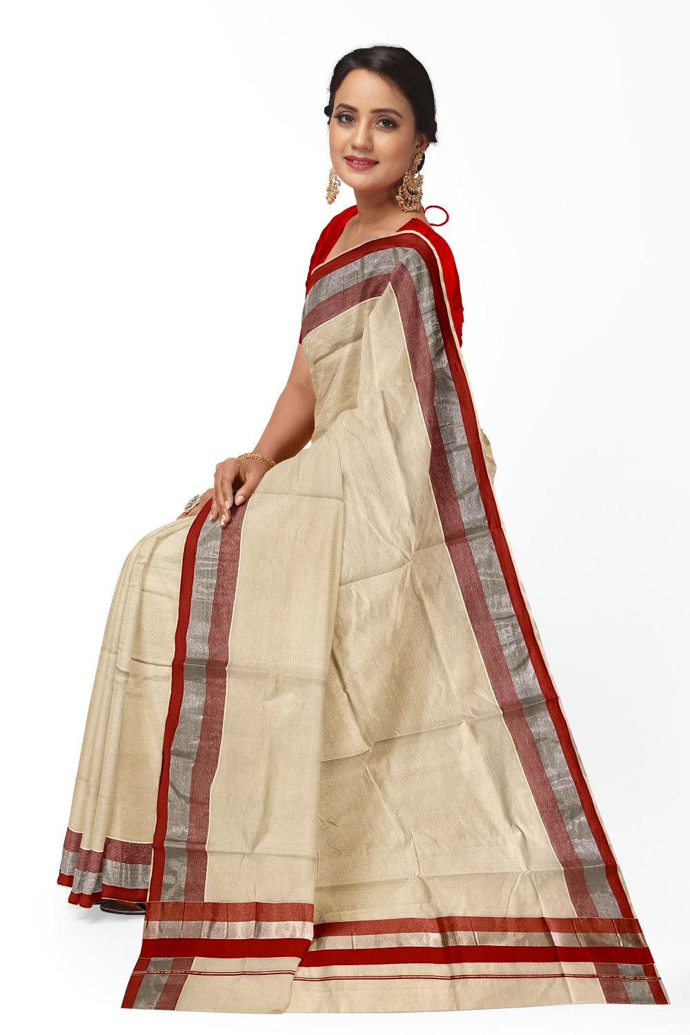 Kerala Pure Cotton Plain Saree with Silver Kasavu and Orange Border