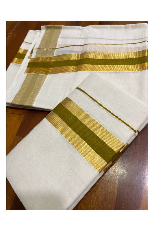 Kerala Cotton Set Mundu (Mundum Neriyathum) with Olive Green and Kasavu Border 2.80 Kasavu