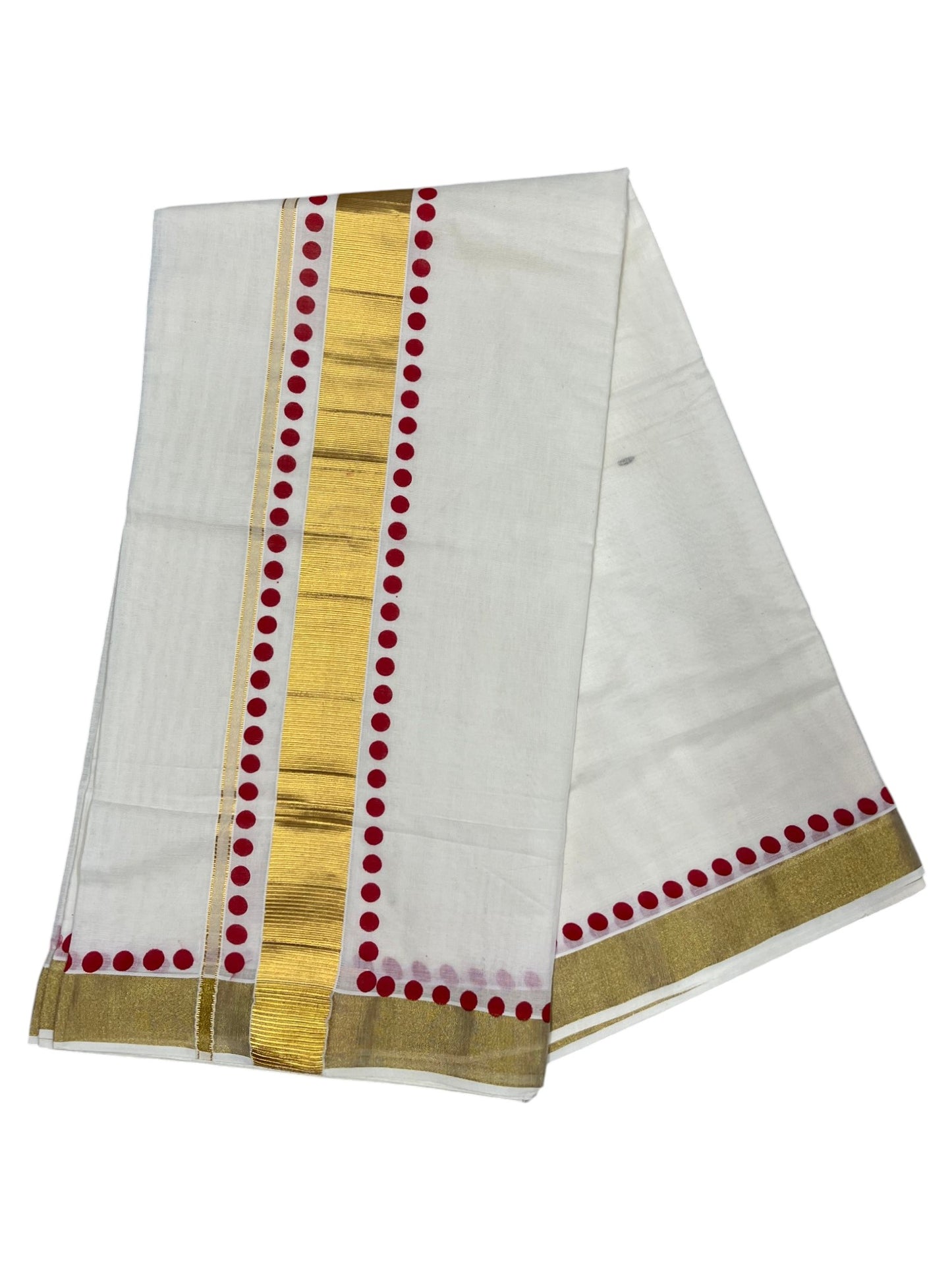 Southloom Cotton Kerala Kasavu Saree with Red Polk Dots Design Border