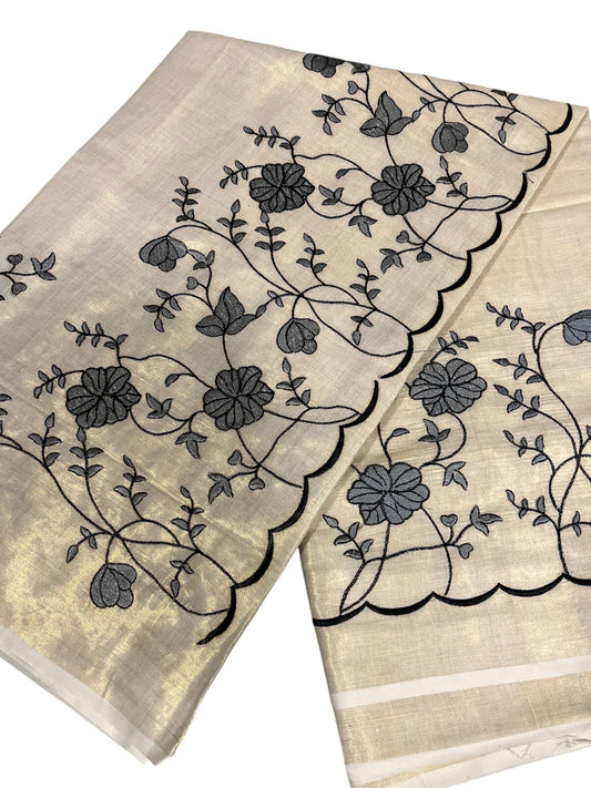 Southloom Cotton Kerala Saree with Grey Floral Embroidery Design on Border