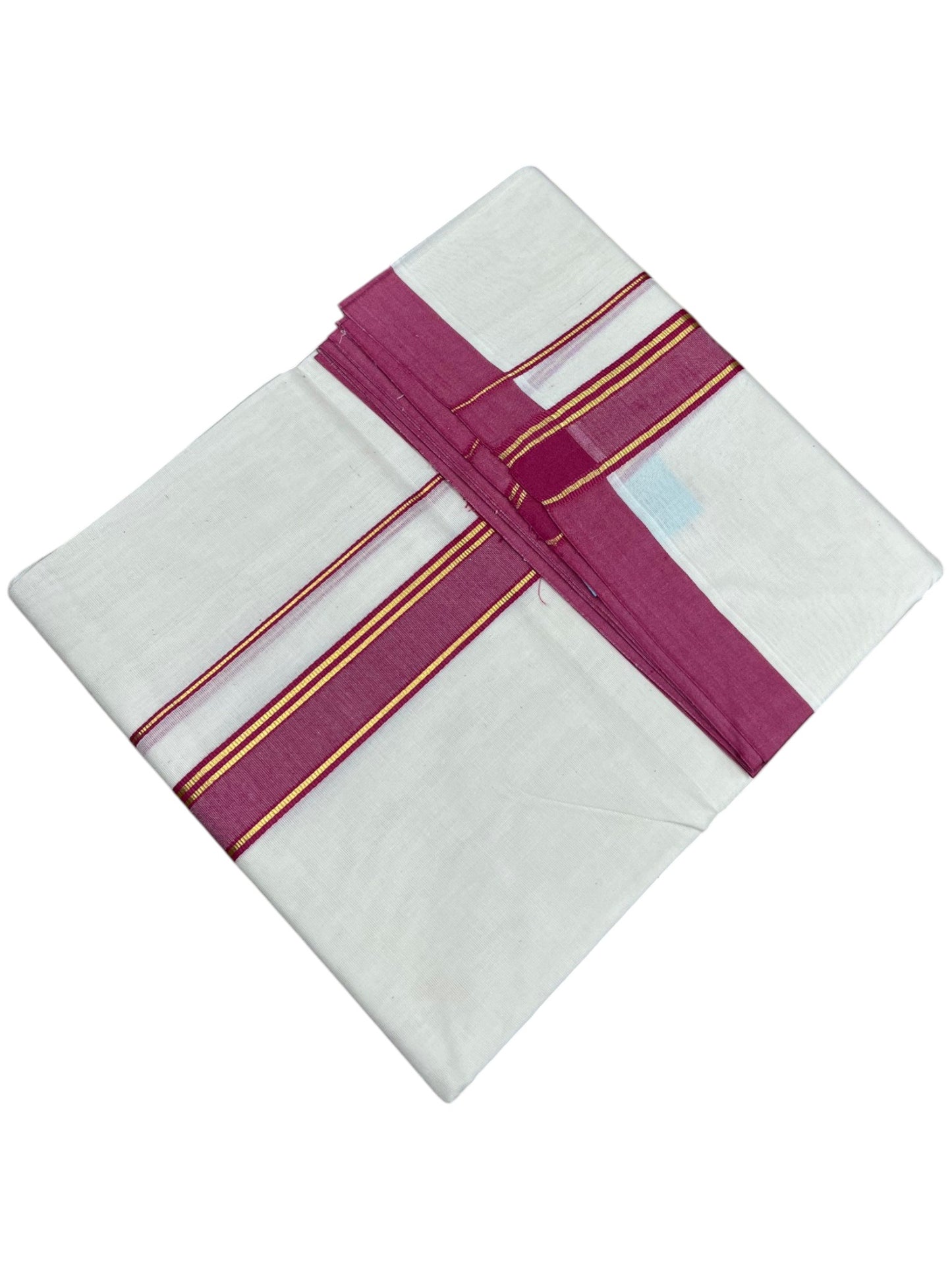 Southloom Pure Cotton Mundu with Gold Lines and Magenta Border (South Indian Kerala Dhoti)
