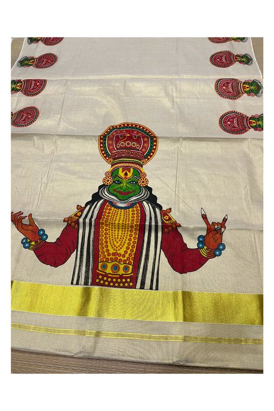 Kerala Tissue Kasavu Saree with Kathakali Mural Printed Designs