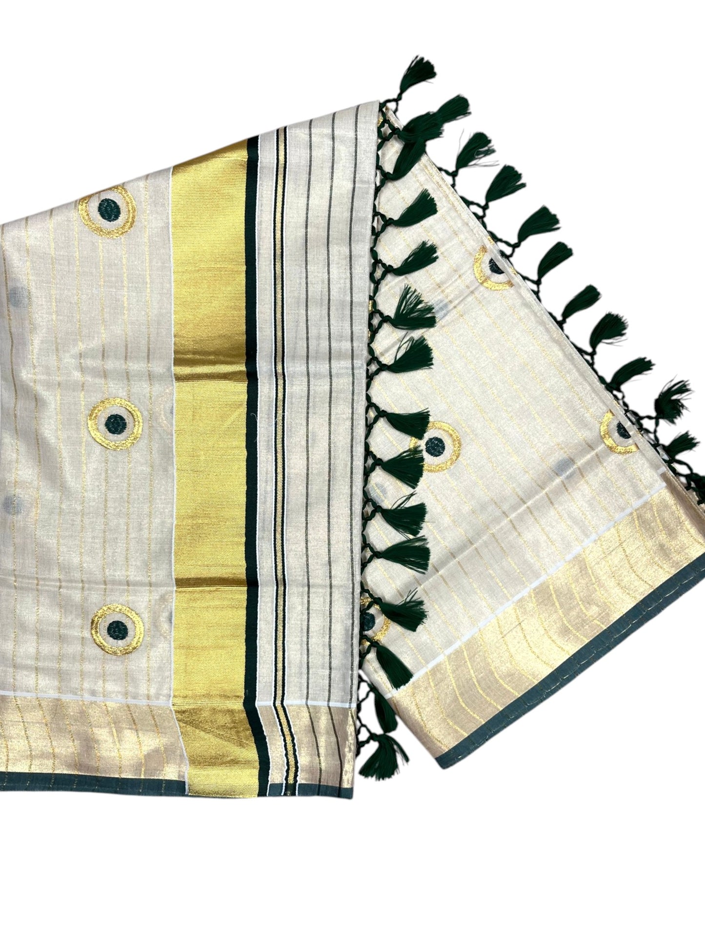 Southloom Kerala Tissue Kasavu Lines Saree with Embroidery Work on Body in Green