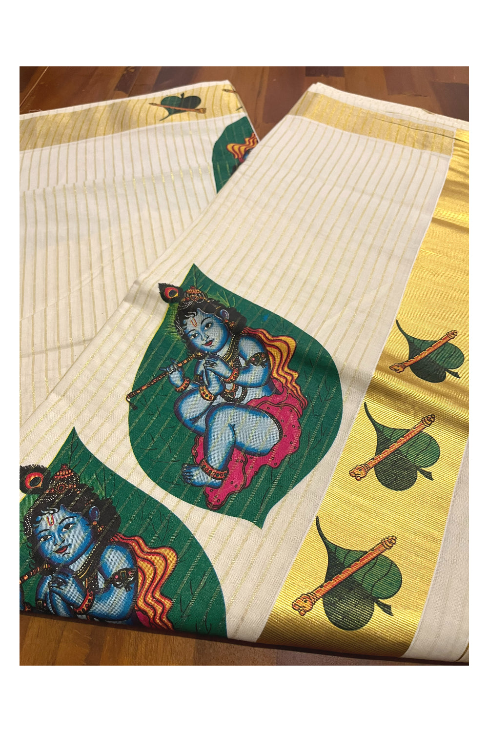 Pure Cotton Kerala Kasavu Lines Design and Baby Krishna Mural Work Saree and Printed Border (Onam Saree 2023)