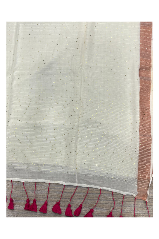 Southloom Mul Cotton 120 x 120 Soft Fabric Onam Saree in White with Sequins Work