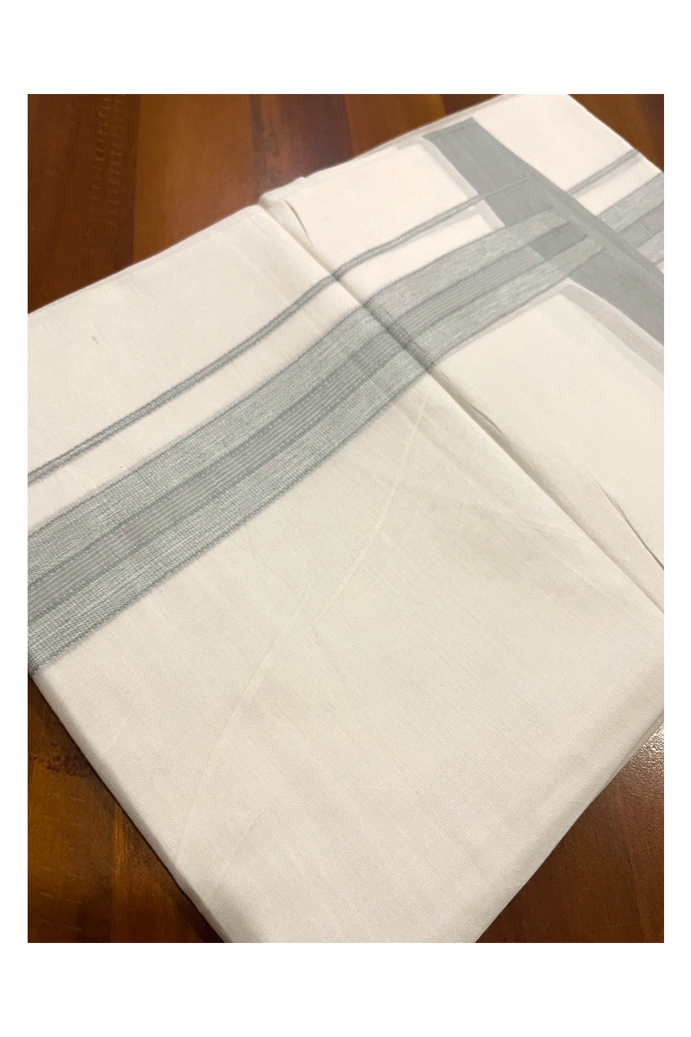 Pure White Cotton Double Mundu with Grey Border (South Indian Kerala Dhoti)