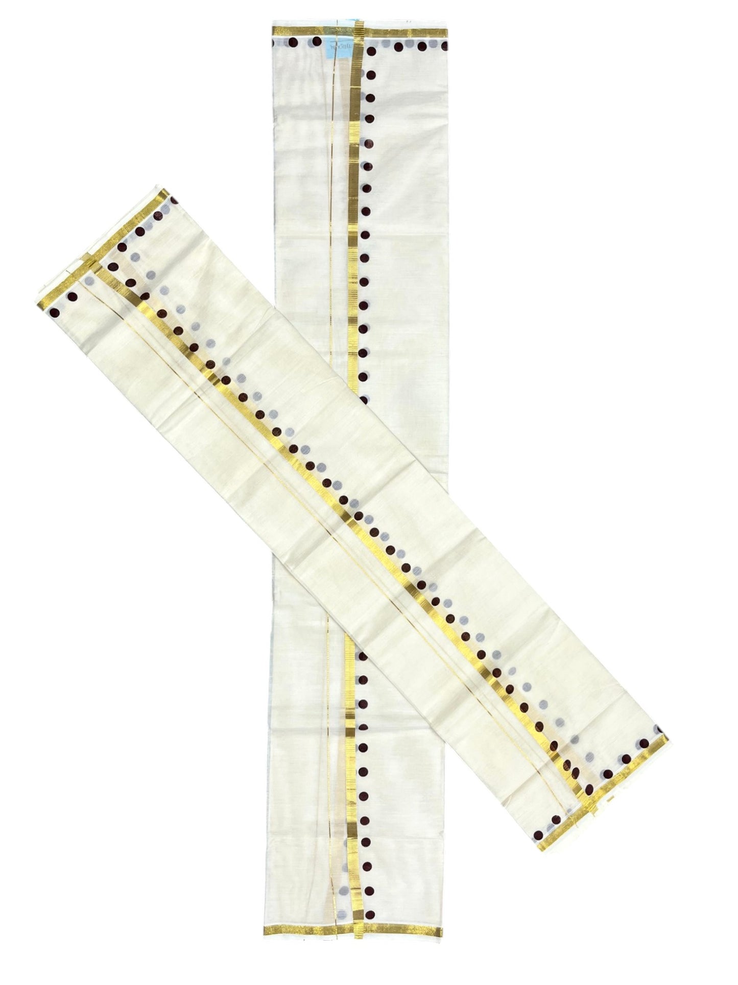 Southloom Pure Cotton Kerala Single Set Mundu (Mundum Neriyathum) with Polka Dots in Brown 2.80 Mtrs