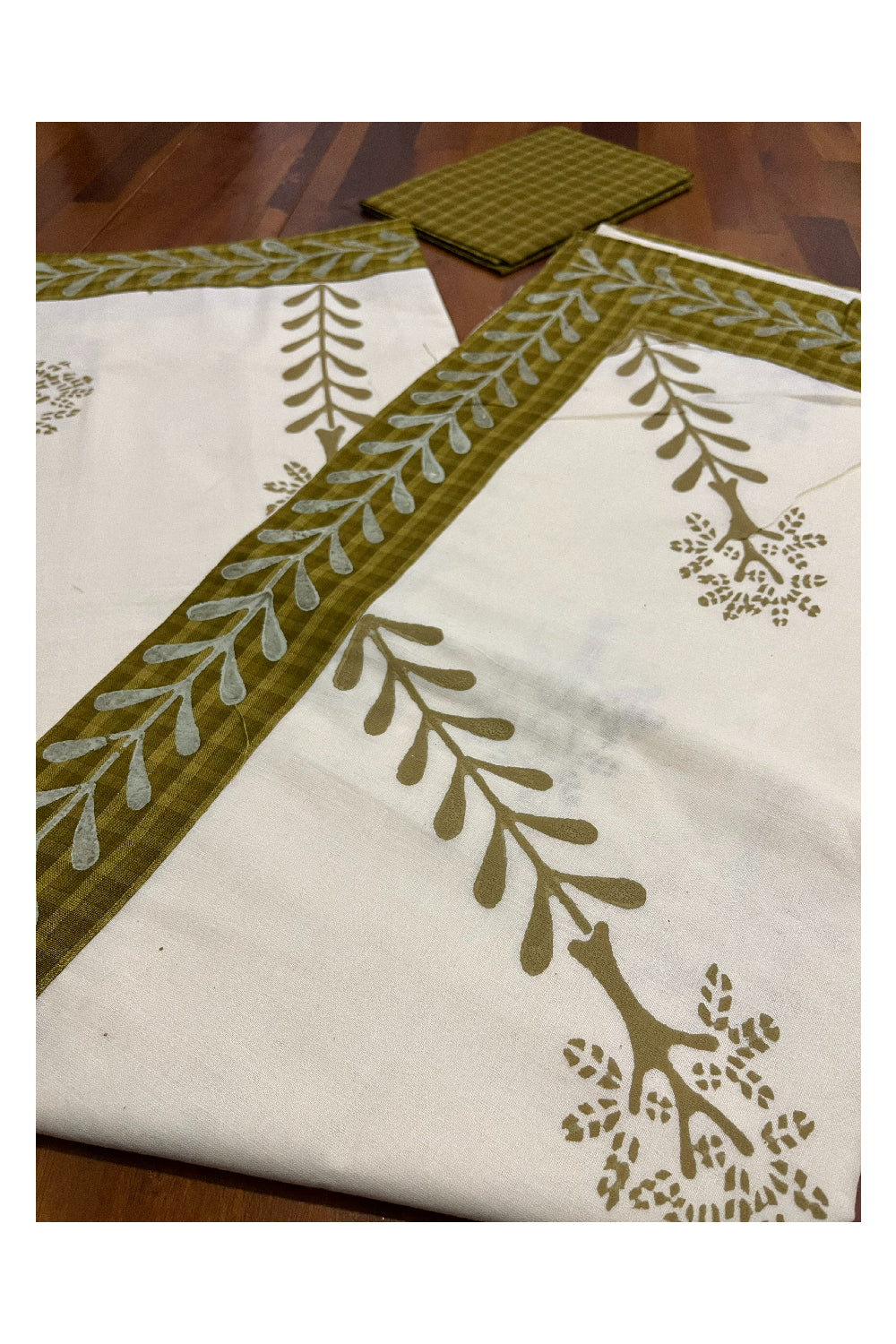 Pure Cotton Onam 2023 Kerala Saree with Hand Block Olive Green Batik Prints