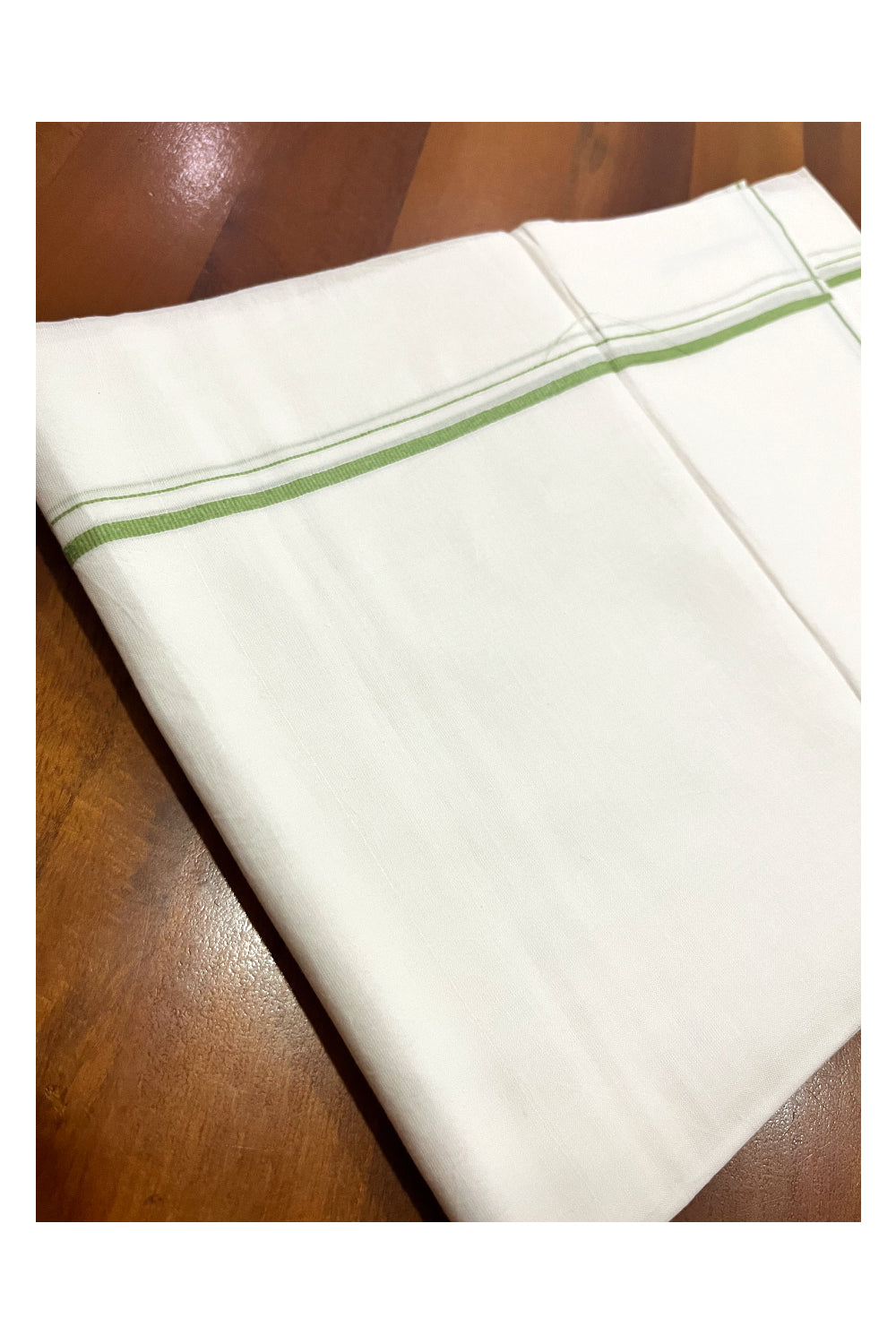 Pure White Kerala Cotton Double Mundu with Light Green Thin Kara (South Indian Kerala Dhoti)