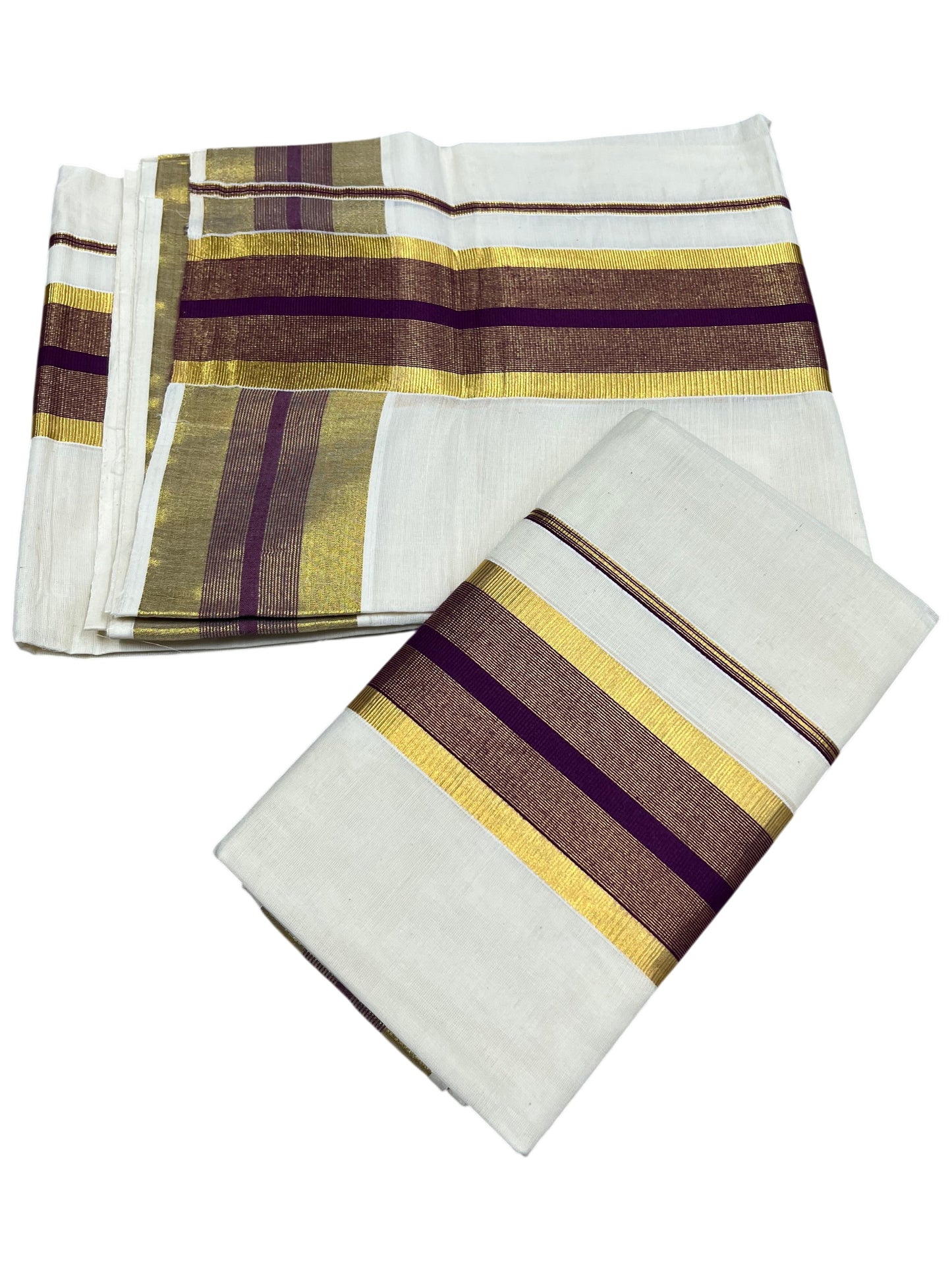 Southloom Pure Cotton Kerala Single Set Mundu (Mundum Neriyathum) with Purple and Kasavu Border 2.80 Mtrs SLKK