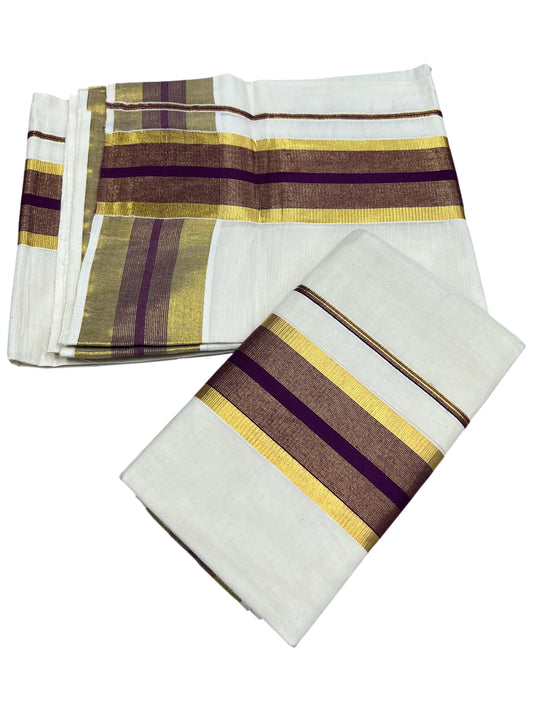 Southloom Pure Cotton Kerala Single Set Mundu (Mundum Neriyathum) with Purple and Kasavu Border 2.80 Mtrs SLKK