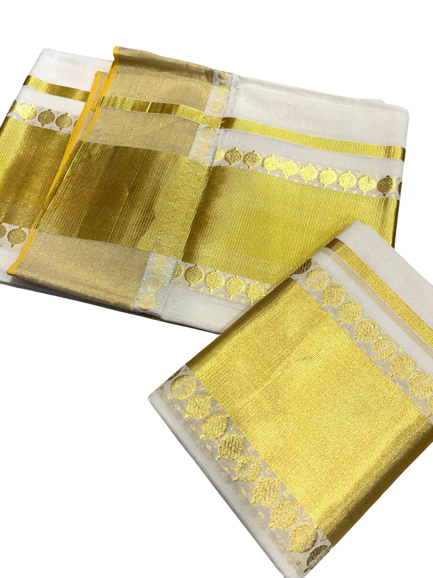 Southloom Handloom Premium Cotton Kasavu Set Mundu With Polka Woven Patterns On Border (Mundum Neriyathum) 2.80 Mtrs