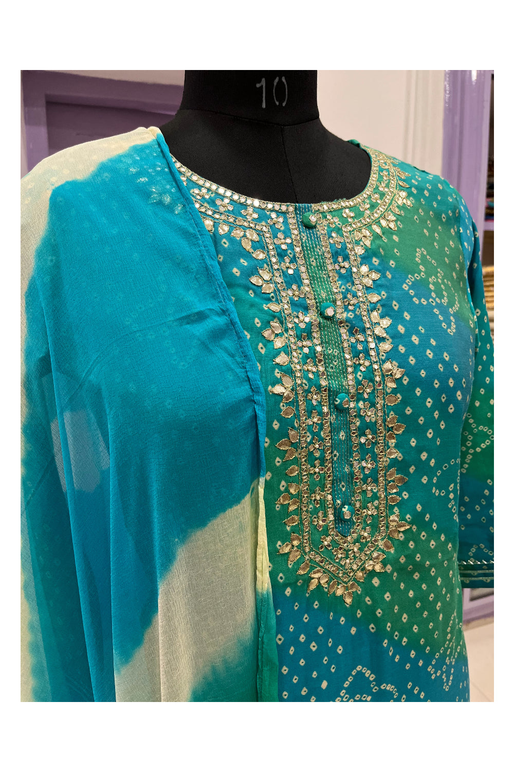 Southloom Stitched Semi Silk Salwar Set with Green Blue Prints and Sequins Works