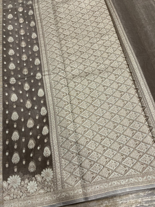 Southloom Cotton Banarasi Silk Saree with Woven Work on Body and Borders (Brown)