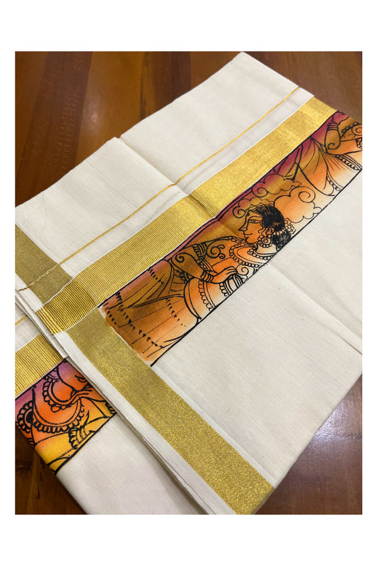 Kerala Pure Cotton Double Mundu with Krishna Mural Hand Painted Design on Kasavu Border (South Indian Kerala Dhoti)