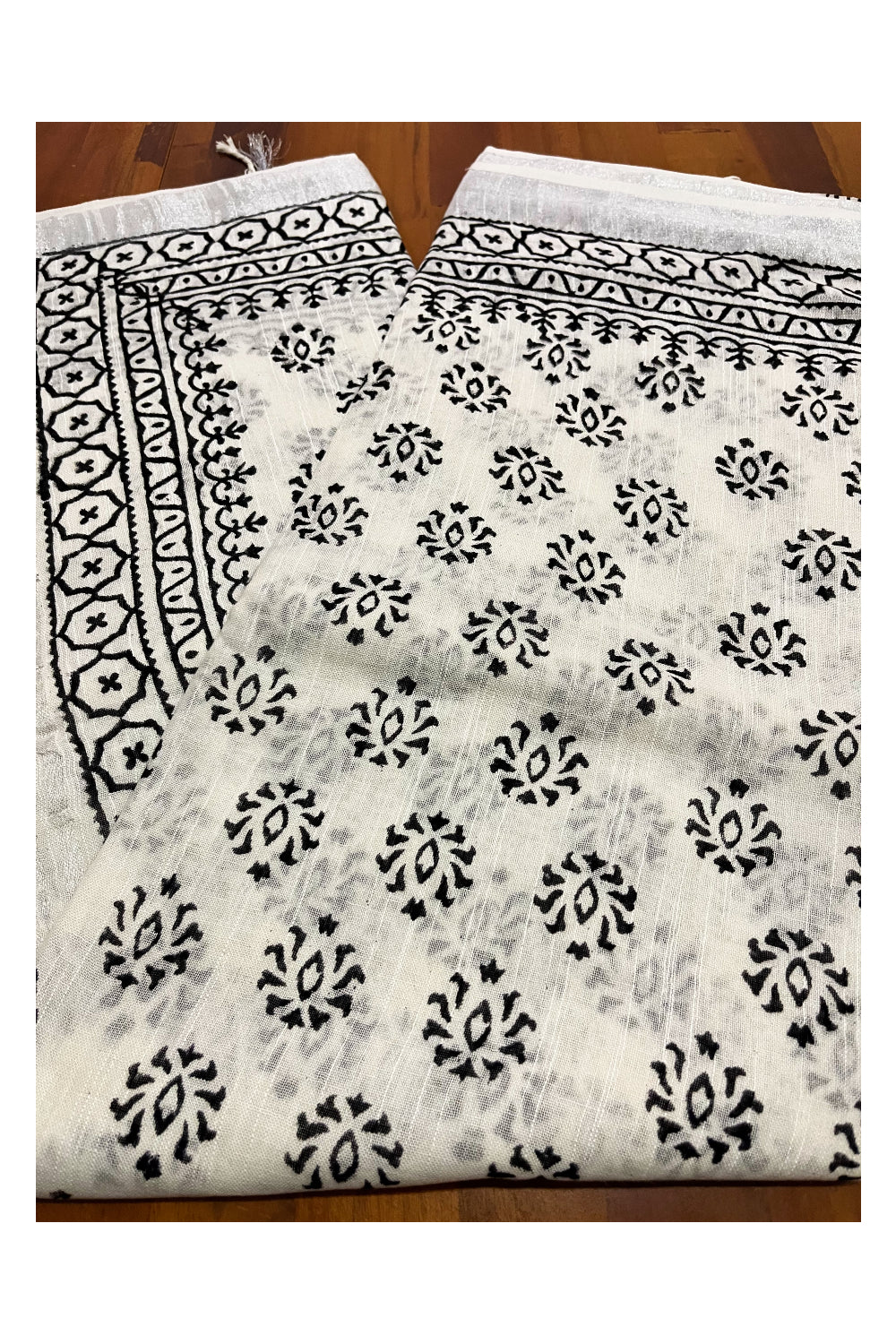 Southloom Linen Pure White Designer Saree with Black Prints and Tassels