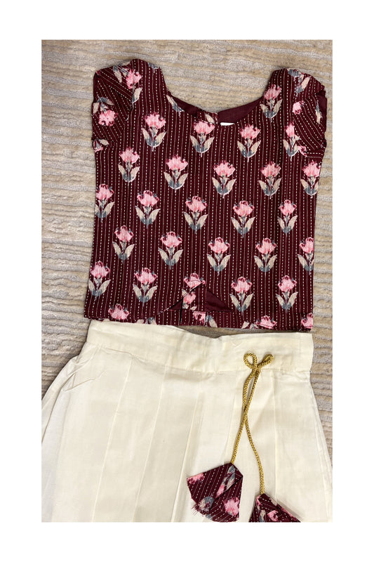 Southloom Kerala Maroon And Cottan Kasave Pavada Blouse with Bead Work for Kids (Age 1 - 10)
