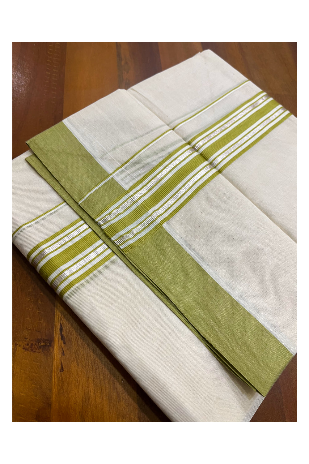 Kerala Pure Cotton Double Mundu with Silver Kasavu and Light Green Border (South Indian Kerala Dhoti)