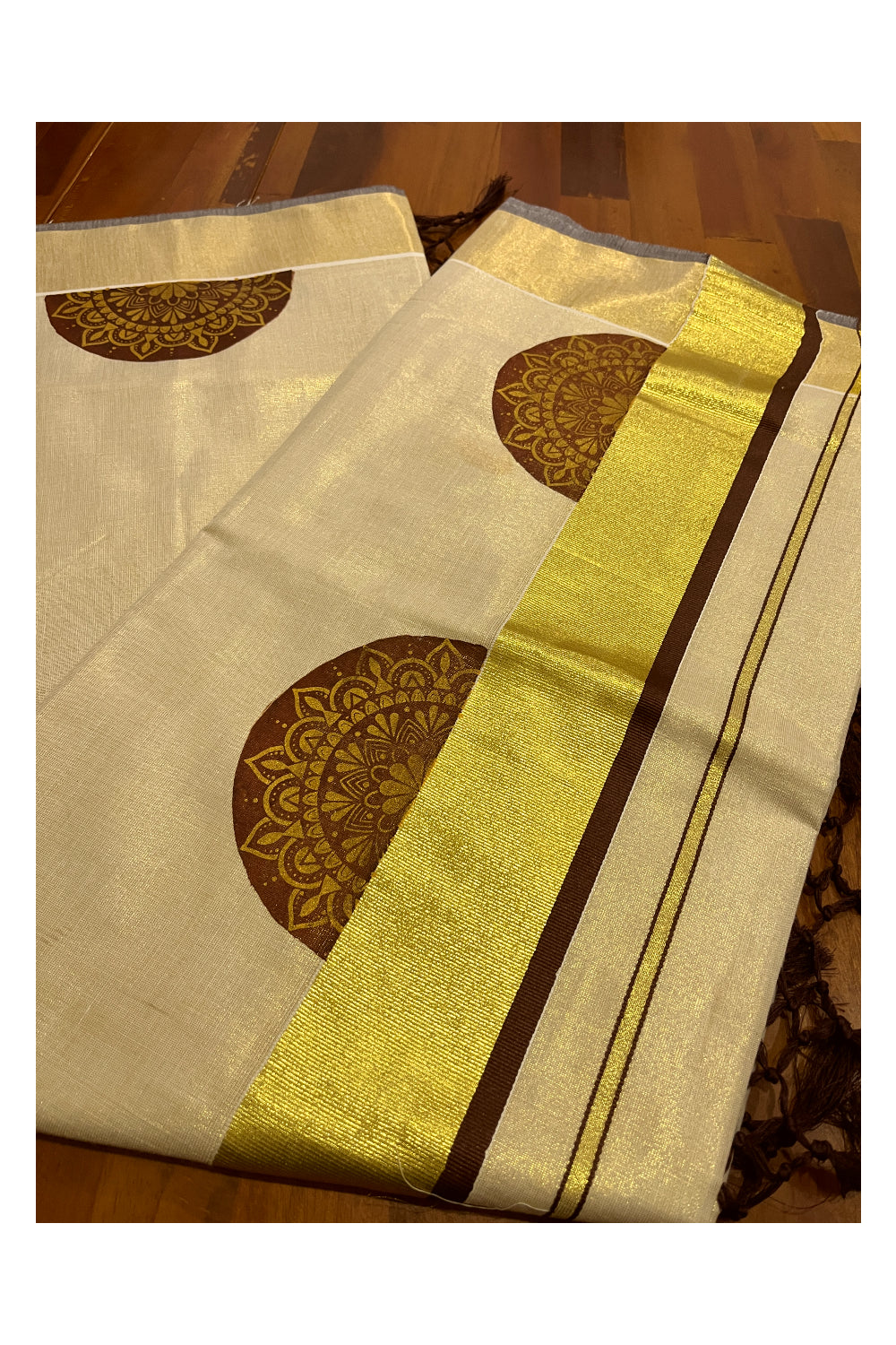 Kerala Tissue Kasavu Saree with Brown Block Prints and Kasavu Brown Border