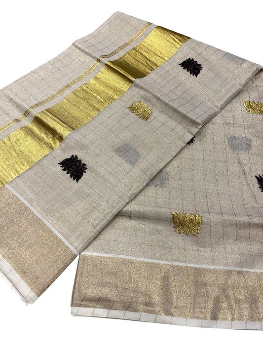 Southloom Kerala Tissue Kasavu Check Saree with Black Lotus Embroidery Works