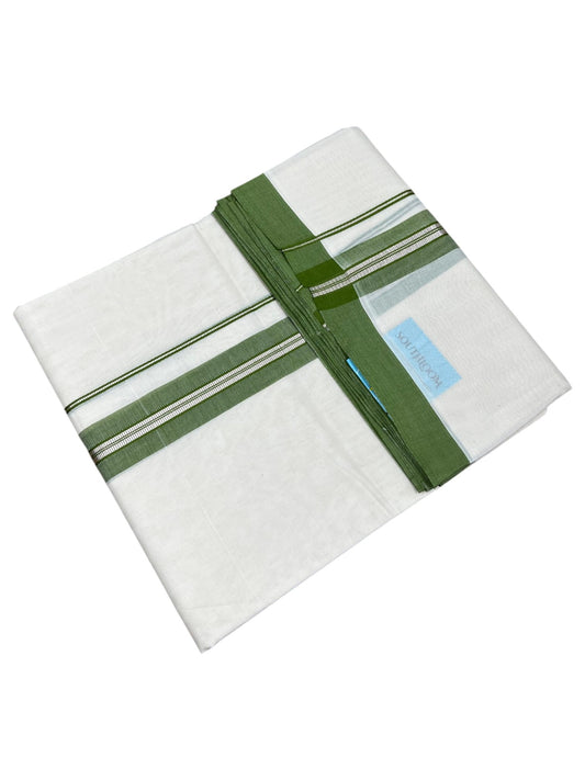 Southloom Pure Cotton Mundu with Silver Lines and Green Border (South Indian Kerala Dhoti)