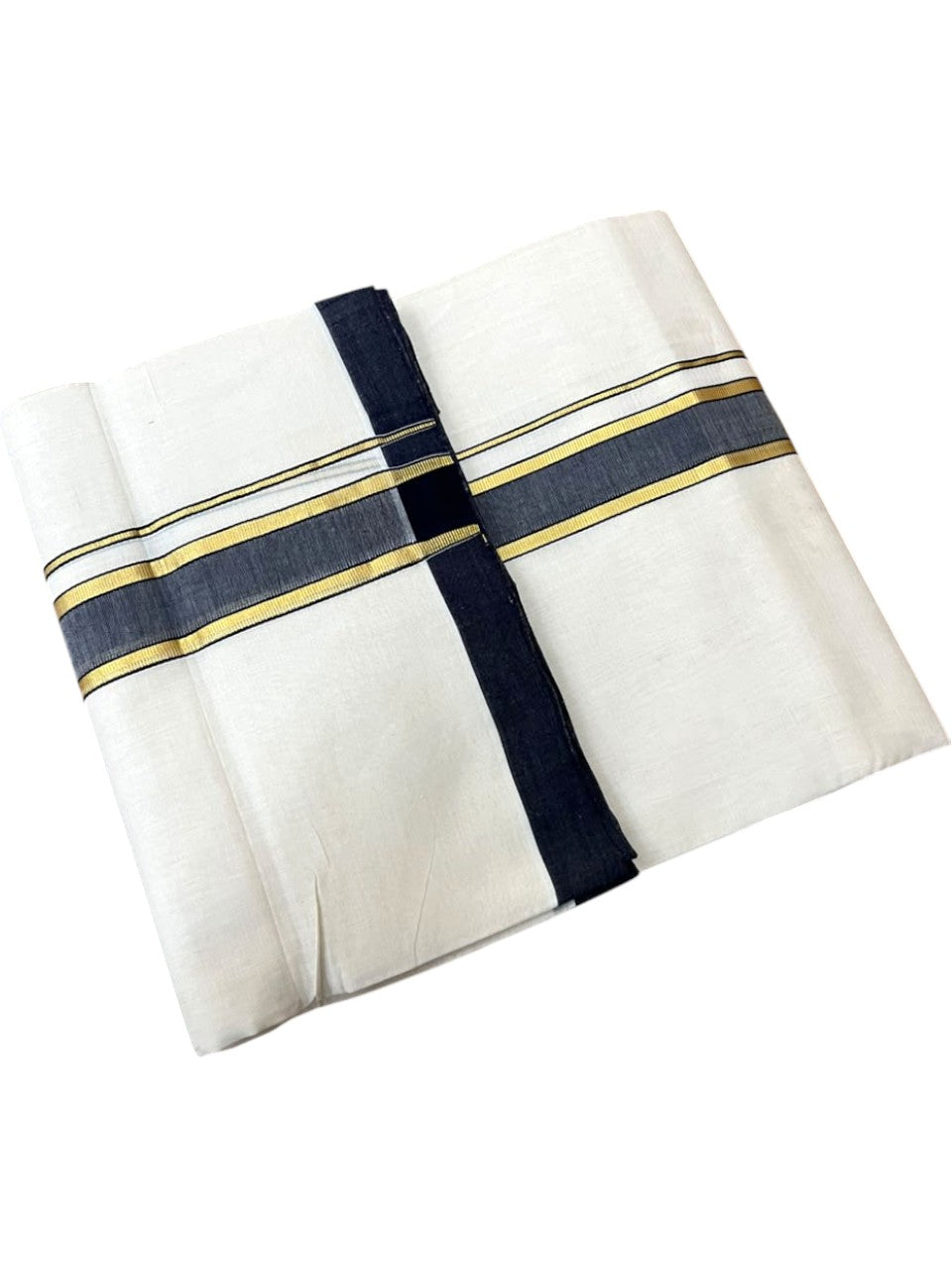 Southloom Balaramapuram Unakkupaavu Premium Handloom Cotton Double Mundu with Gold Kasavu and Black Border