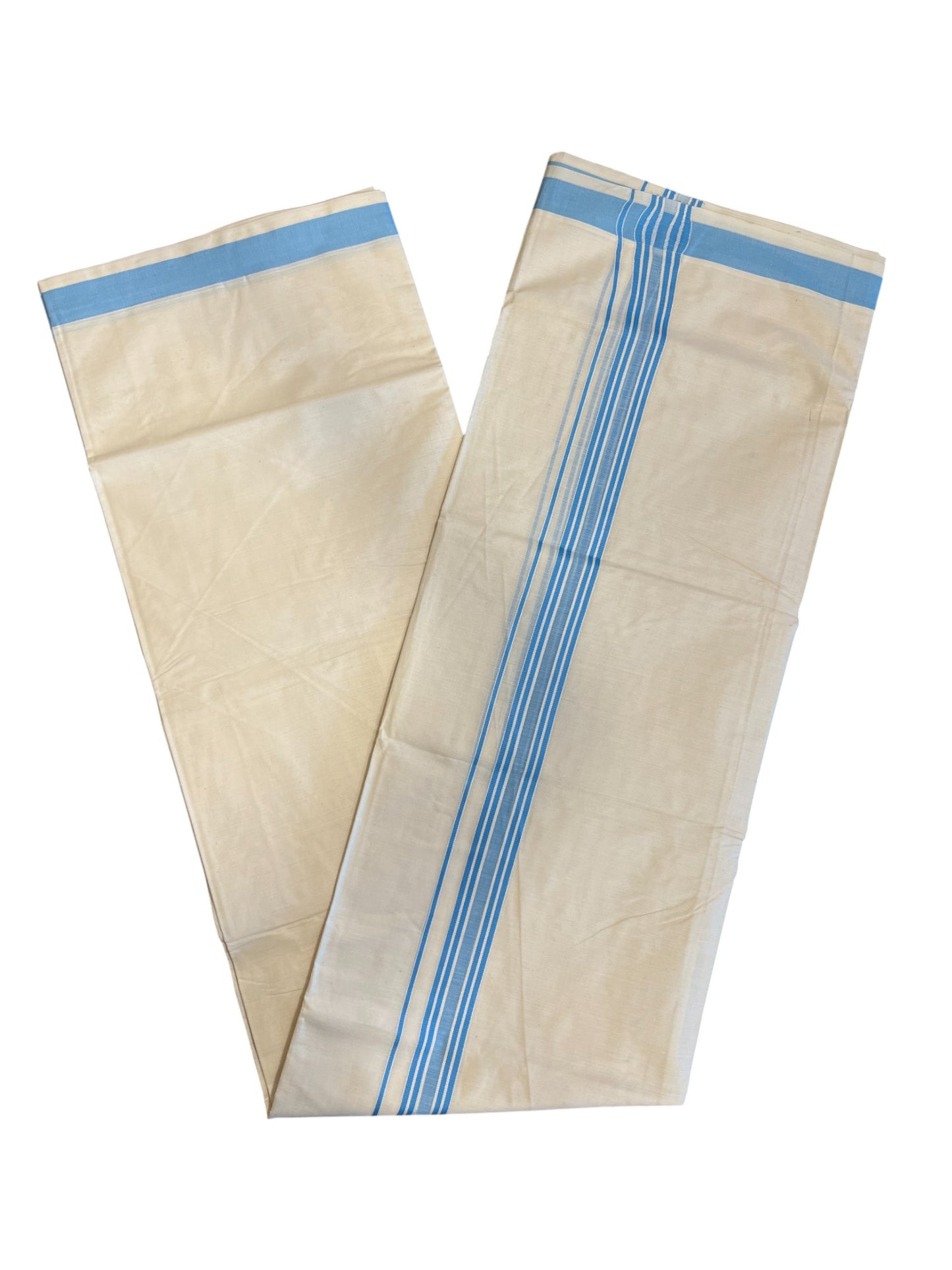 Southloom Pure Cotton Double Mundu With White Lines &Blue Border (South Indian Kerala Dhoti)
