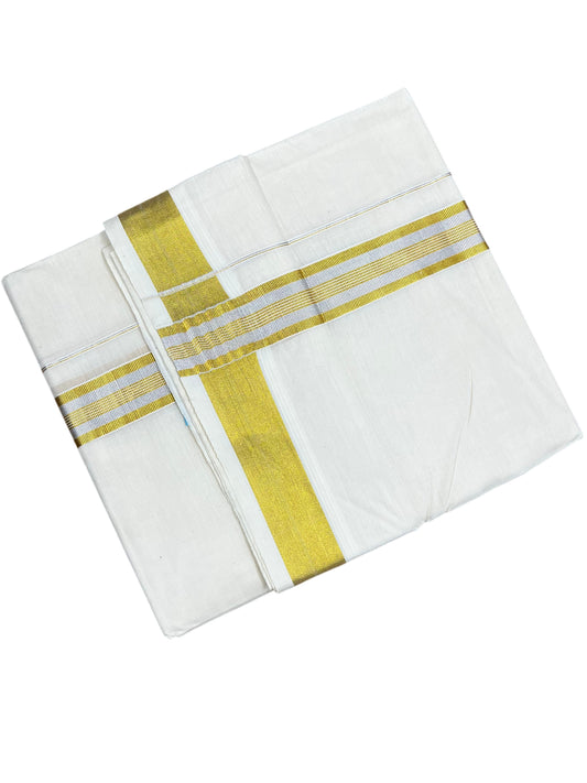 Pure Cotton Off White Double Mundu with Silver and Gold Kasavu Lines Kara (South Indian Kerala Dhoti)