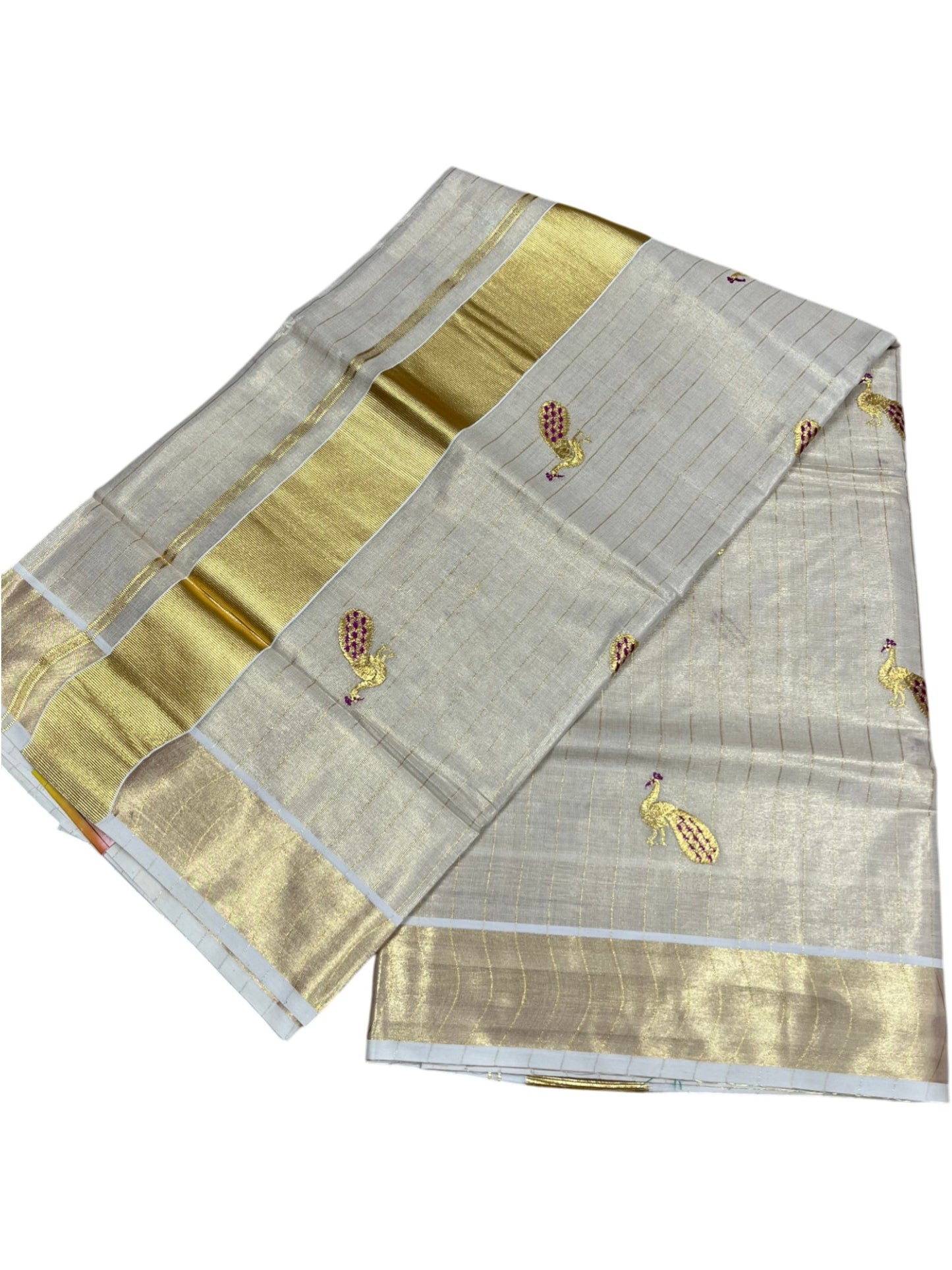 Southloom Tissue Kerala Kasavu Lines Saree with Peacock Embroidery Work on Body in Magenta
