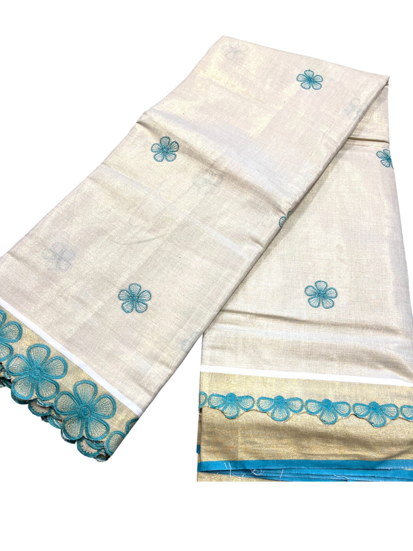 Southloom Kerala Tissue Kasavu Saree with Turquoise Floral Embroidery on Body and Border