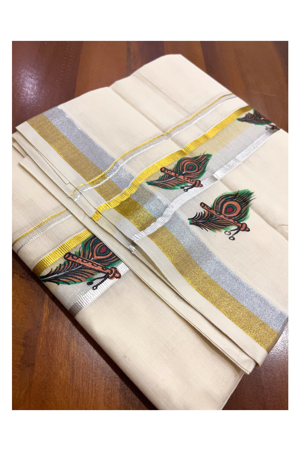 Pure Cotton Golden and Kasavu Kasavu Mundu with Flute Feather Mural Painted Design (Onam Mundu 2023)