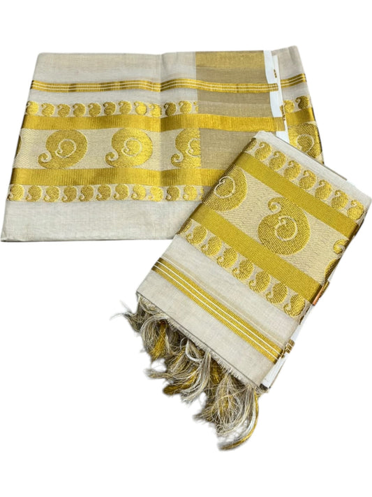 Southloom Premium Tissue Handloom Set Mundu with Manga Woven Design And Kasavu Border With Tussles (2.80 Mtr) SL632