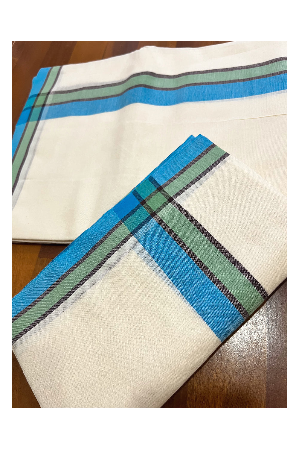 Kerala Cotton Mulloth Mundum Neriyathum Single (Set Mundu) with Blue Green Border (Extra Soft Cotton) 2.80 Mtrs