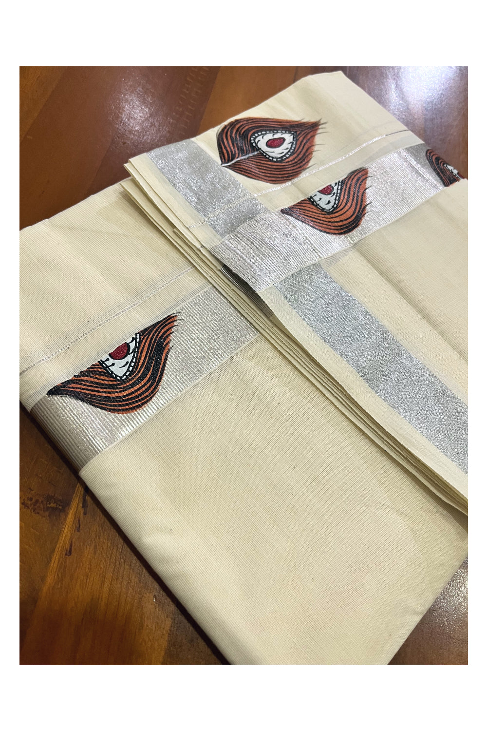 Pure Cotton Kerala Double Mundu with Silver Kasavu Hand Painted Design Border (South Indian Kerala Dhoti)