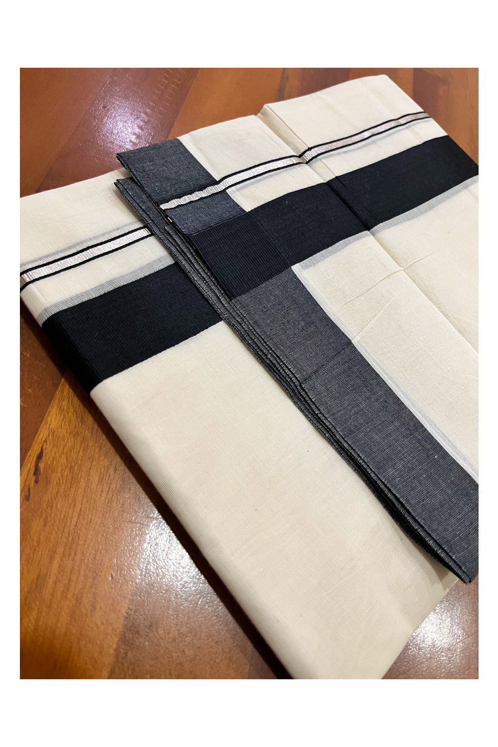 Pure Cotton Double Mundu with Silver Kasavu and Black Border (South Indian Kerala Dhoti)