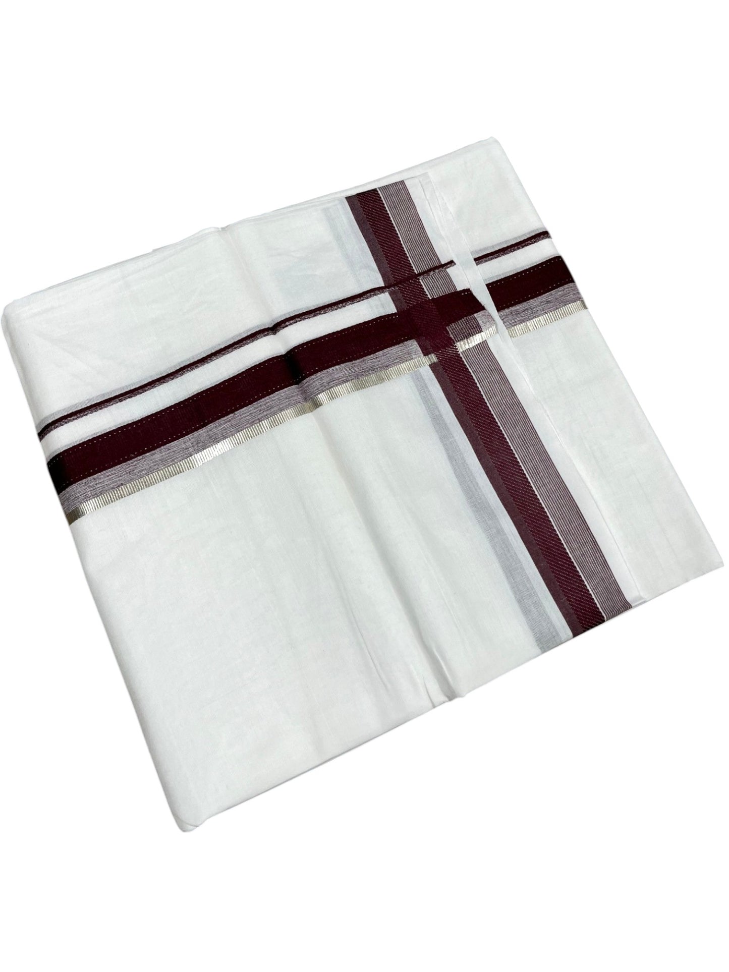 Southloom Pure White Cotton Mundu with Silver Line & Purple Border (South Indian Kerala Dhoti)