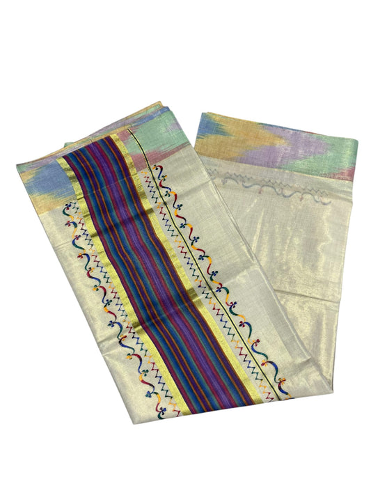 Southloom Kerala Tissue Kasavu Saree with Multi Colour Pochampally Design on Borders and Kara
