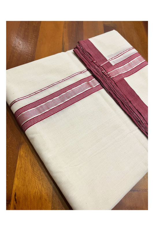 Premium Balaramapuram Handloom Unakkupaavu Cotton Double Mundu with Silver Kasavu and Maroon Border (Vishu 2024 Collection)
