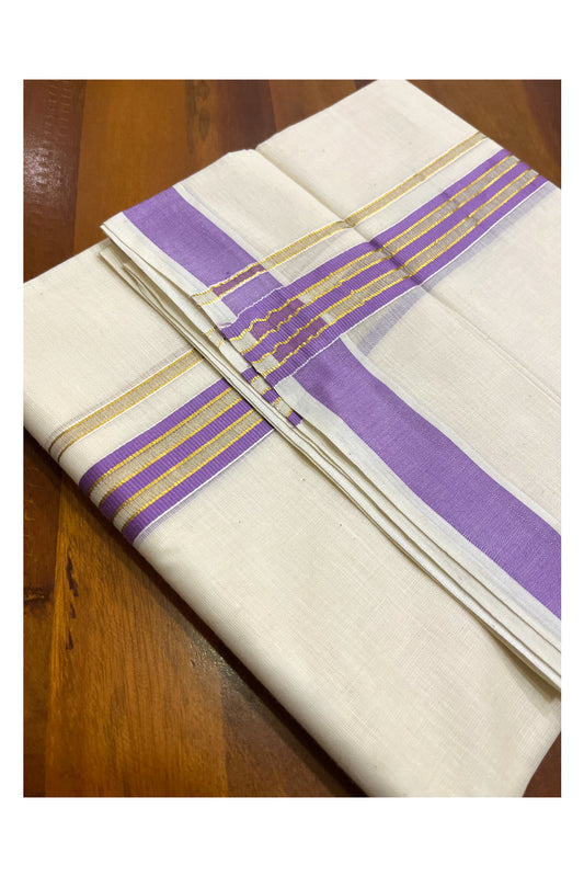 Kerala Pure Cotton Double Mundu with Violet and Kasavu Line Border (South Indian Kerala Dhoti)