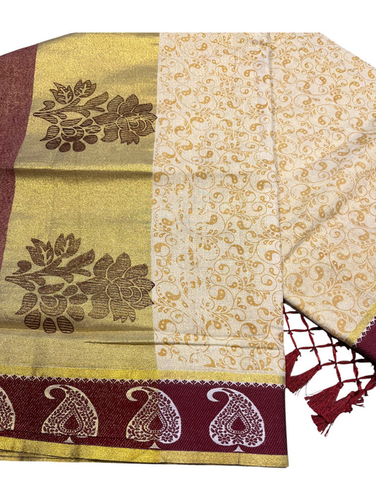 Southloom Kerala Tissue Kasavu Printed Saree with Maroon Floral Embroidery Works and Tassels