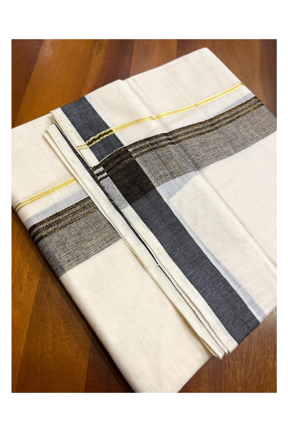 Off White Kerala Cotton Double Mundu with Kasavu and Black Border (South Indian Kerala Dhoti)