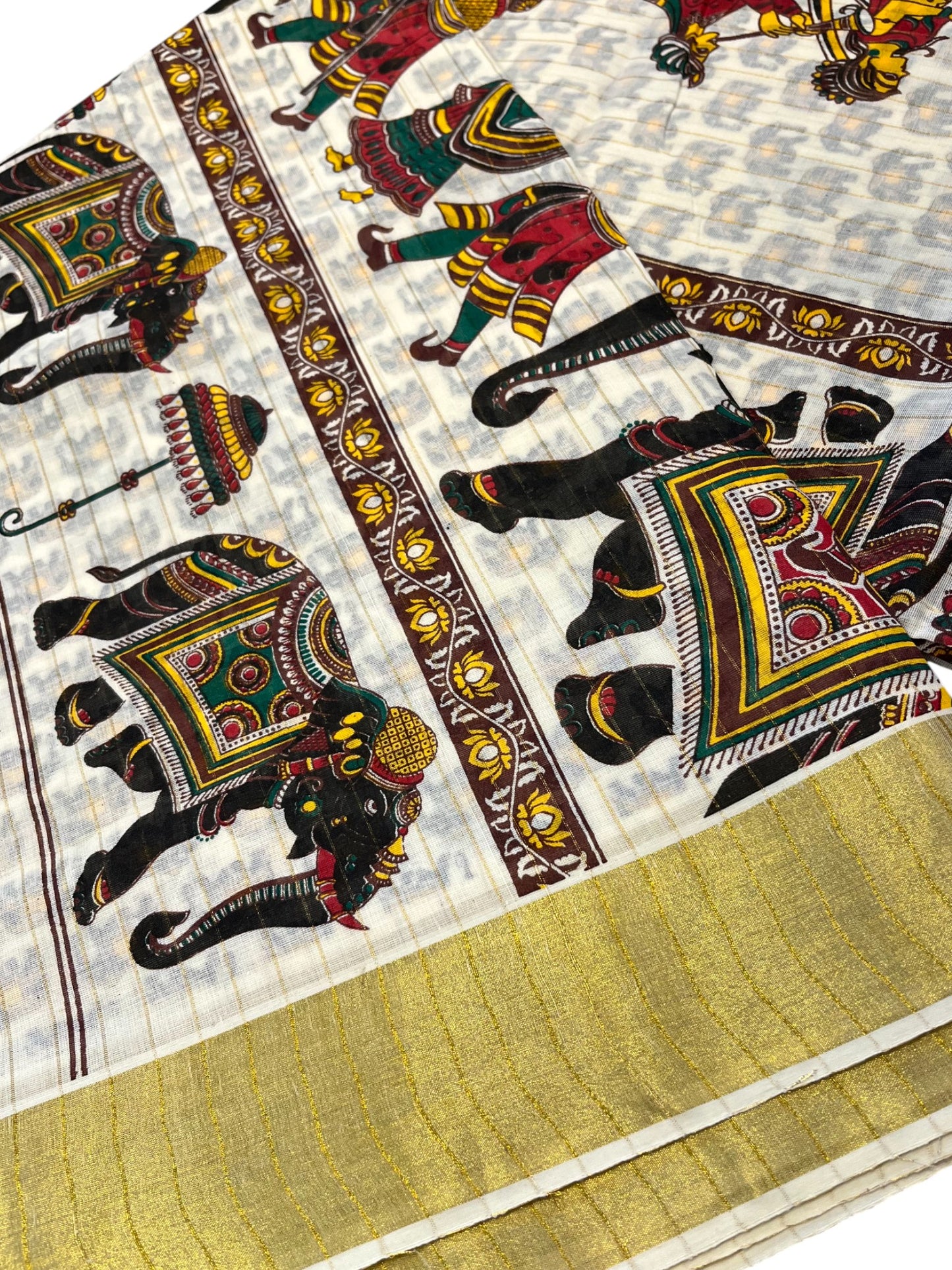 Kerala Cotton  Kasavu Saree With Mural Festival Parasol Stripes and Elephant Design