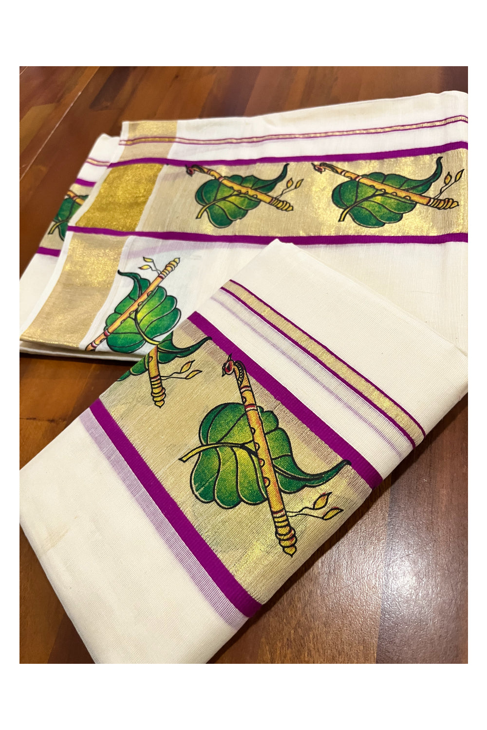 Kerala Cotton Single Set Mundu (Mundum Neriyathum) with Leaf and Flute Block Prints on Kasavu Violet Border