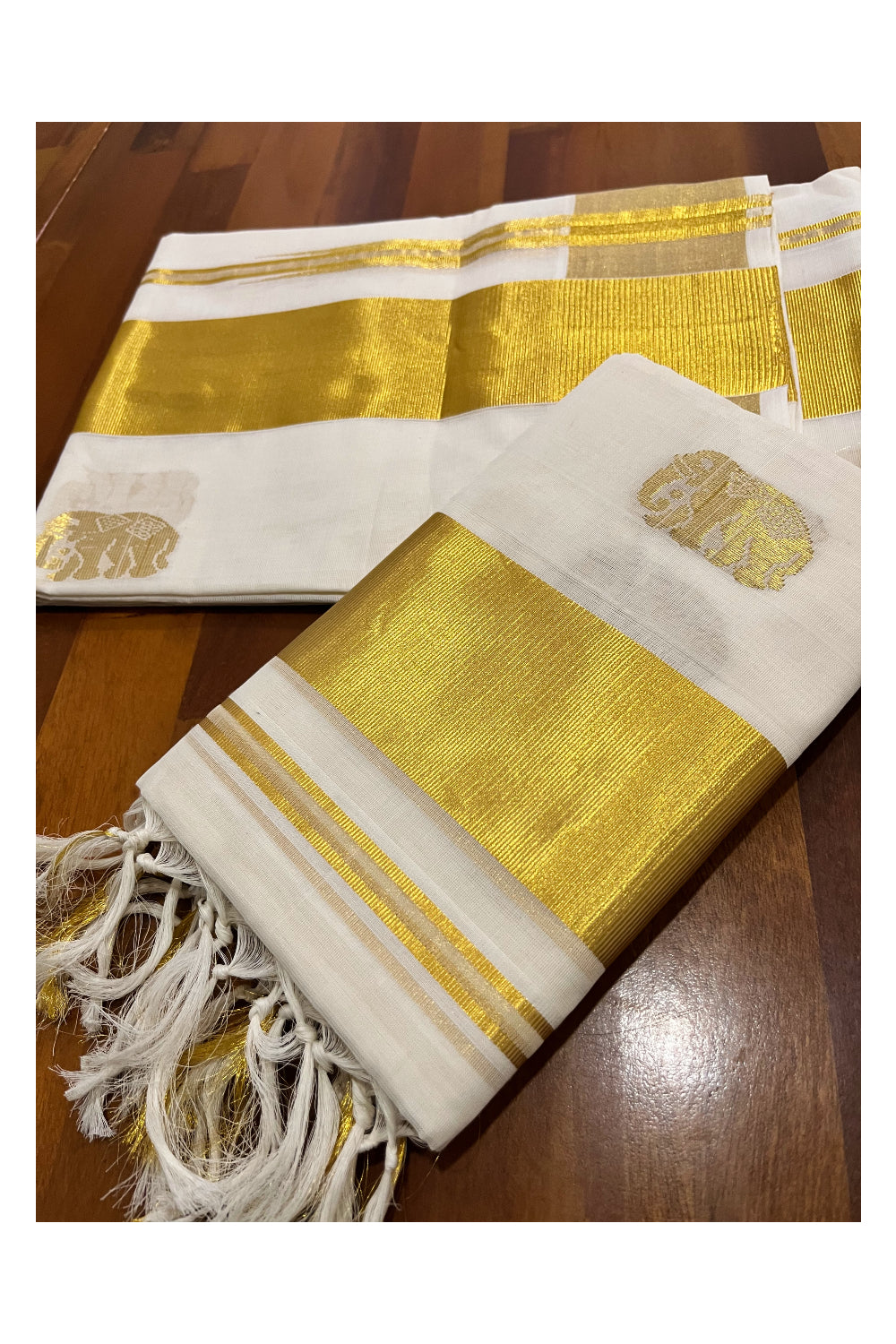 Southloom Handloom Premium Pure Cotton Kasavu Set Mundu (Mundum Neriyathum) with Elephant Woven Designs