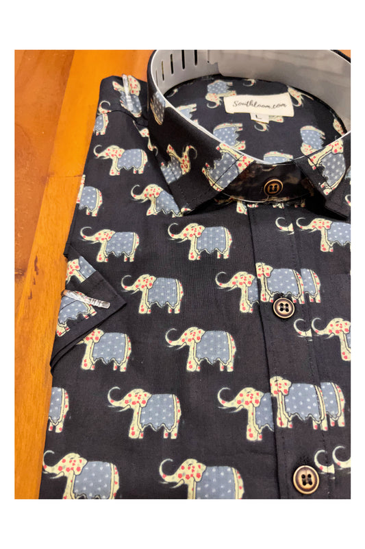 Southloom Jaipur Cotton Elephant Hand Block Printed Black Shirt (Half Sleeves)