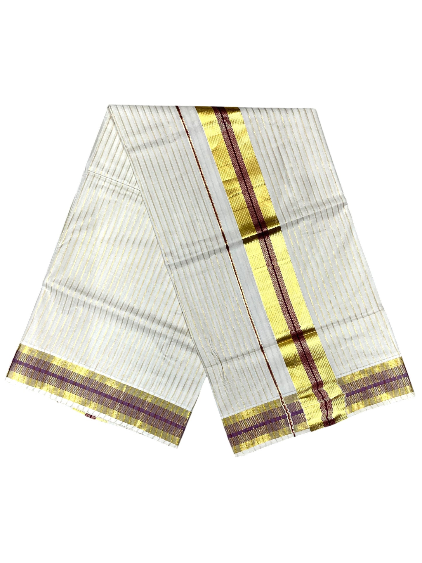 Southloom Pure Cotton Kerala Kasavu Lines Design Saree with Purple Border
